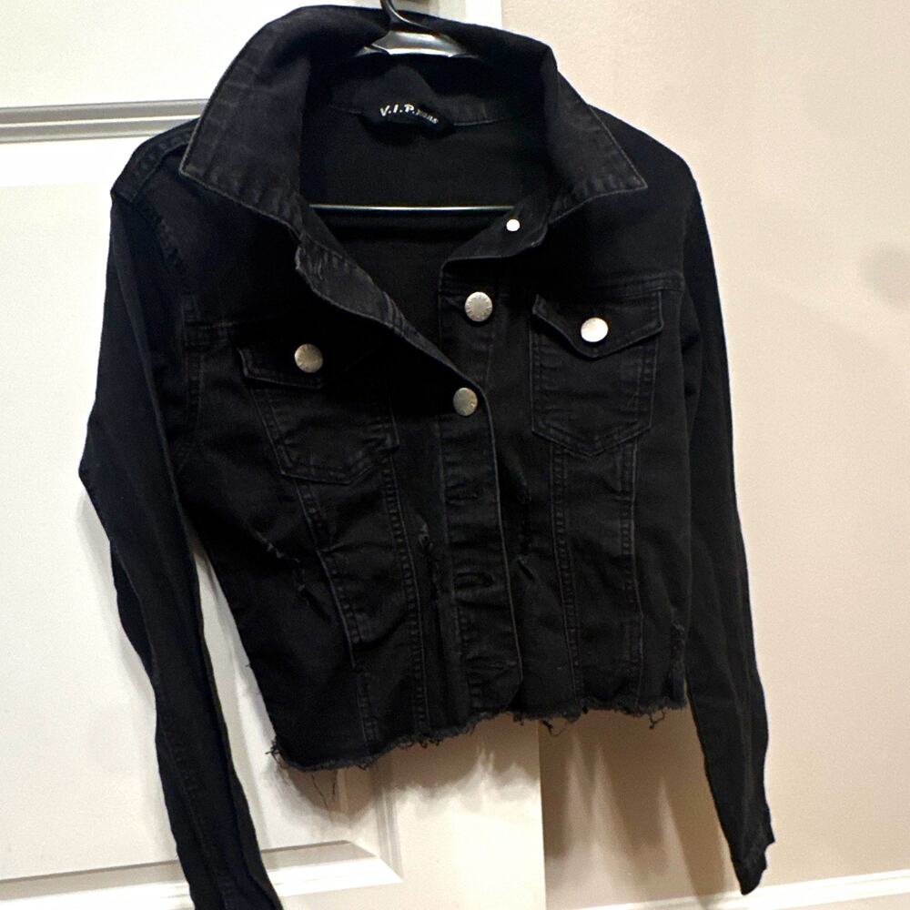 V.I.P. jeans Women's Black Denim Cropped Button Front Collared Jacket Size S